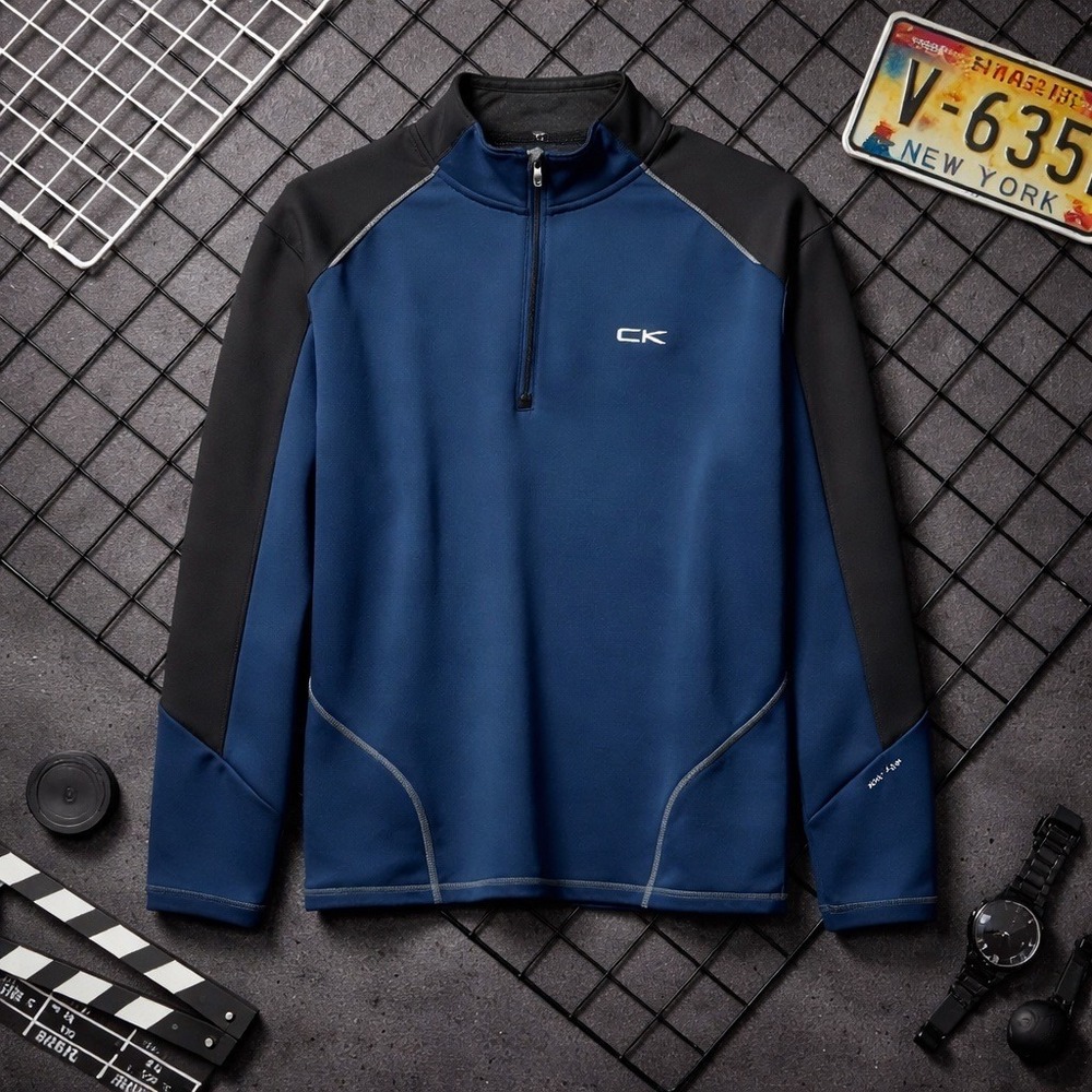 Calvin Klein Mens Quarter Zip Pullover Blue Black Colorblock CK Performance L